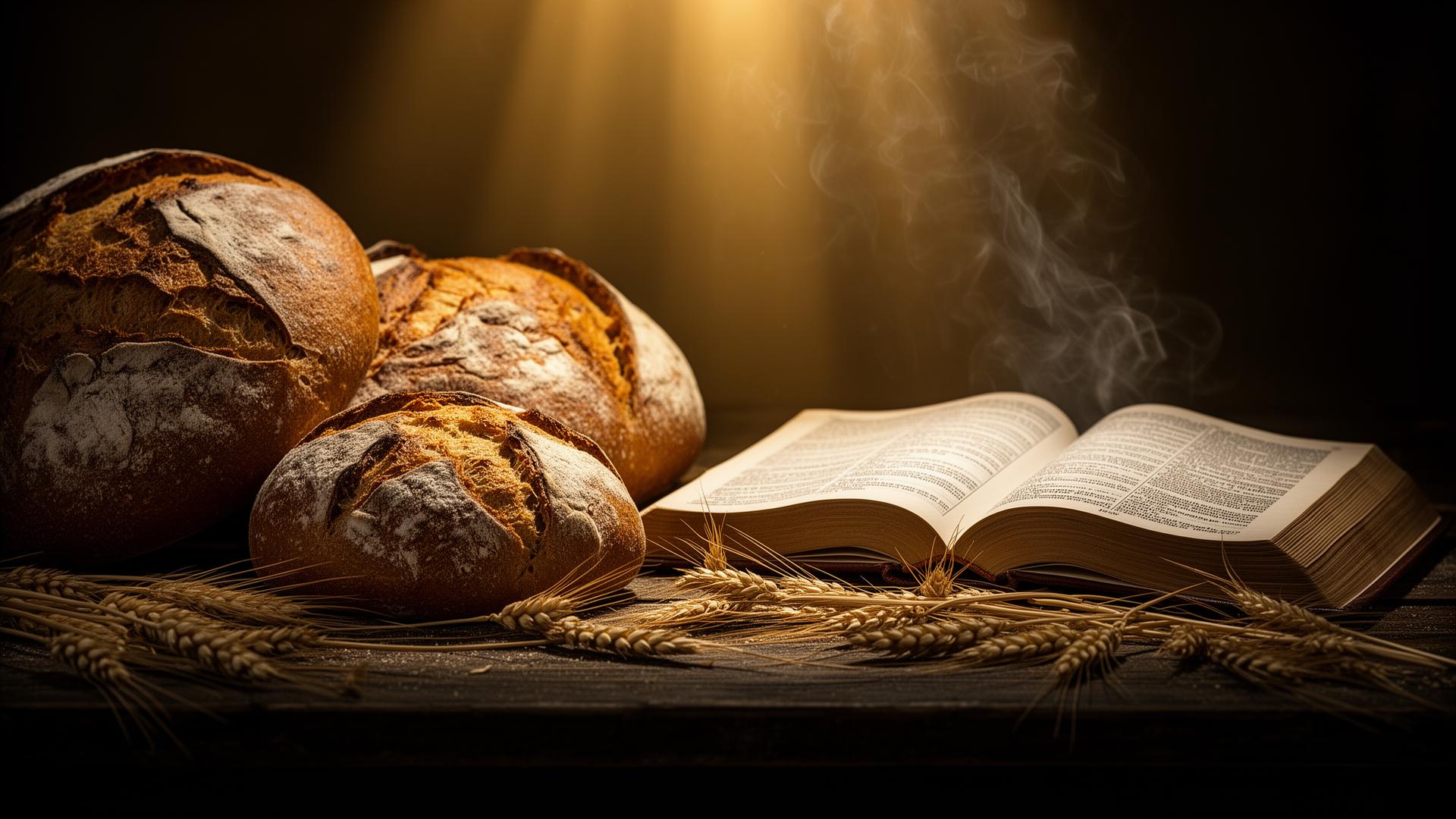 Pan artesanal sobre la Biblia abierta